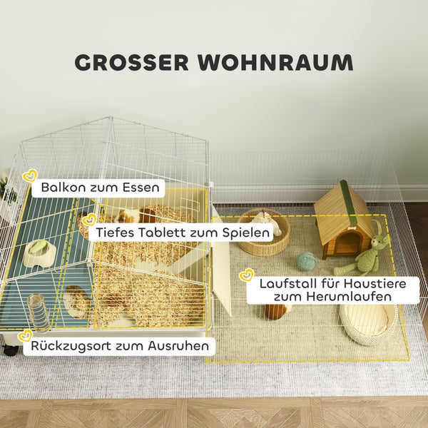 PawHut Kleintierkäfig mit Laufstall, Kaninchenkäfig, Kleintierstall mit Wasserflasche, Heufütterung, Futterschale, Rampe Nagerkäfig mit Rollen für Meerschweinchen und Igel Weiß