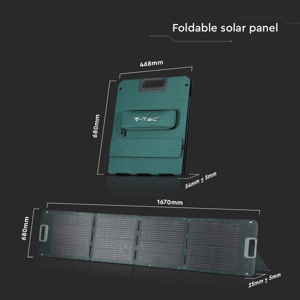 Faltbares Solarmodul mit Maßangaben, V-TAC Logo