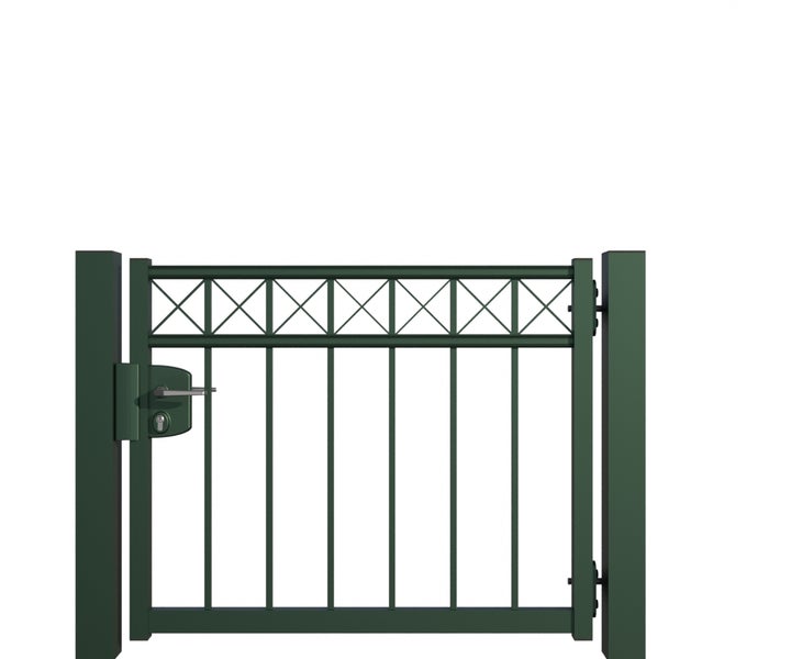 Gartentür aus Metall mit Schloss und dekorativem Gitter