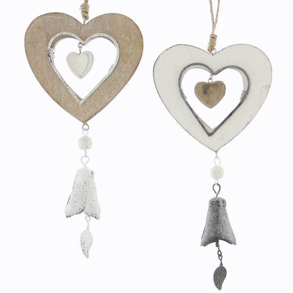 FRANK FLECHTWAREN | Herzhänger Glöckchen, 2er Set, HOLZ, METALL, Herz ca. Ø 10 cm, GH 30 cm