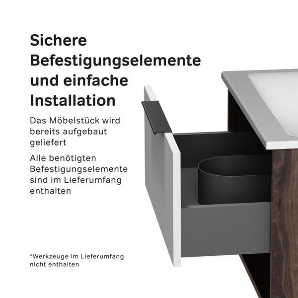 Waschtischunterschrank mit ausgezogener Schublade und Montagehinweis zur einfachen Installation.