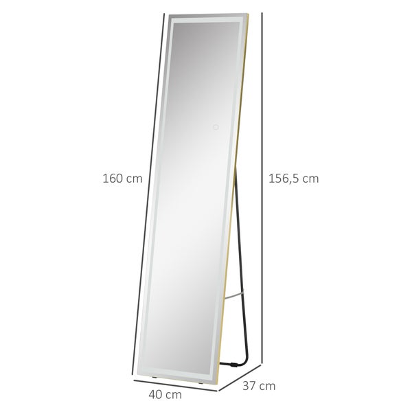 HOMCOM 2 in 1 Standspiegel, mit LED-Beleuchtung, , für Schlafzimmer, Wohnzimmer, 40 x 37 x 156,5 cm, Aluminium, Silber+Gold,