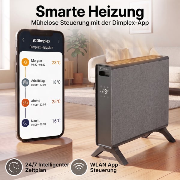 Smarter Dimplex Konvektor mit App Steuerung und 24 Stunden Zeitplan Darstellung in einem Wohnzimmer