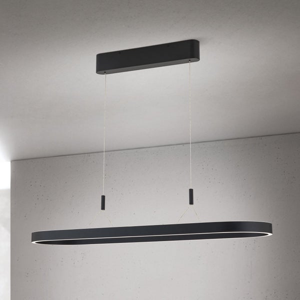 Moderne LED Pendelleuchte mit ovalem Leuchtkörper und schwarzer Deckenhalterung für den Innenbereich
