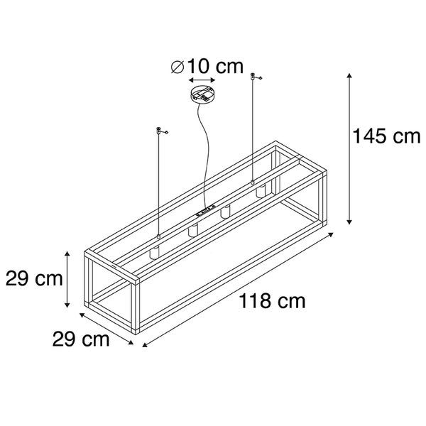 Technische Zeichnung einer Pendelleuchte mit den Maßen 118 cm Länge, 29 cm Breite und 145 cm Höhe.