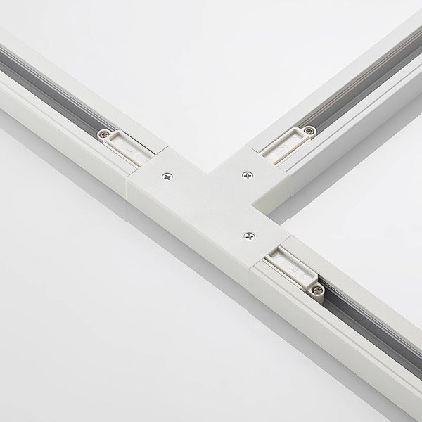 Weißer T-Verbinder für Stromschienen aus Kunststoff mit Schraubverbindungen