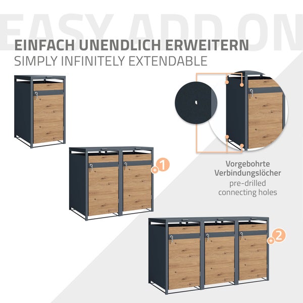 ML-Design Mülltonnenbox 1er für 1 Tonne 240L 68x80x116,3cm Anthrazit-Eichenoptik, Stahl, wetterfest, Abschließbare Mülltonnenverkleidung Klappdeckel/Tür, Müllbox Mülltonnecontainer Mülltonnenabdeckung