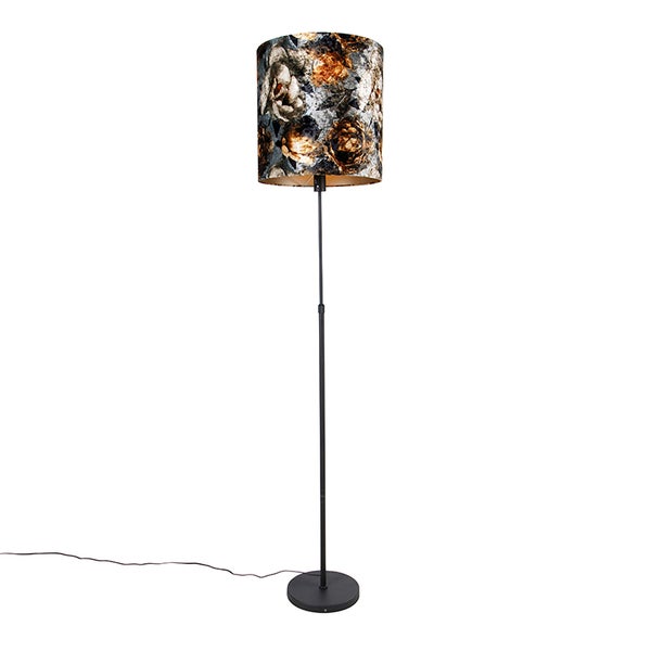 QAZQA - Modern Stehlampe schwarz Blumenmuster 40 cm verstellbar - Parte I Wohnzimmer I Schlafzimmer - Textil Länglich - LED geeignet E27