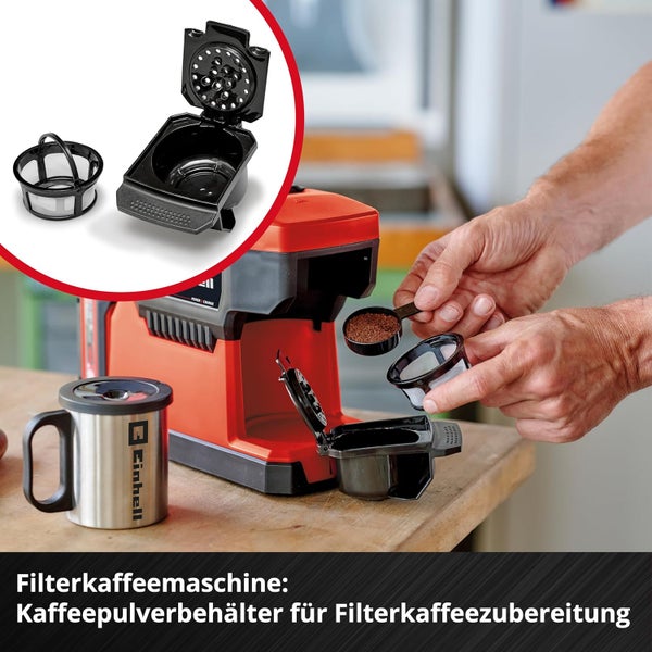 Einhell Akku-Kaffeemaschine mit Kaffeepulverbehälter und Dauerfilter für die Zubereitung von Filterkaffee.