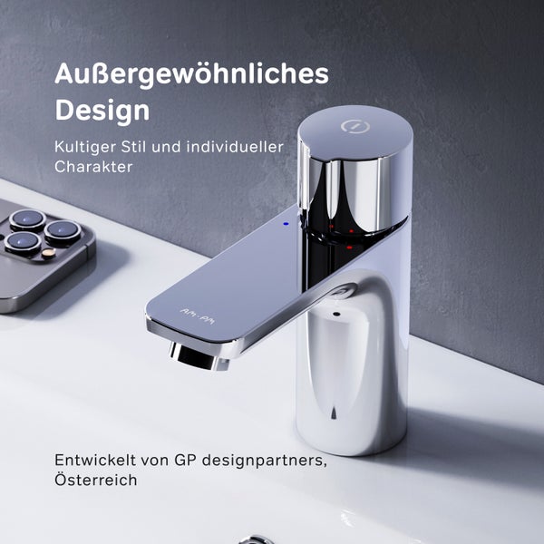 Moderne Waschtischarmatur von AM.PM mit verchromter Oberfläche und markantem Design für das Badezimmer.