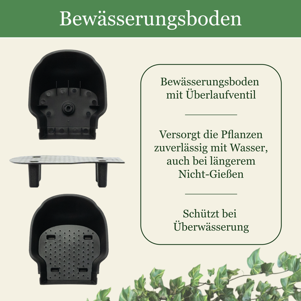 Schwarzer Bewässerungseinsatz aus Kunststoff mit Überlaufventil zur Wasserversorgung von Pflanzen und Schutz vor Überwässerung.