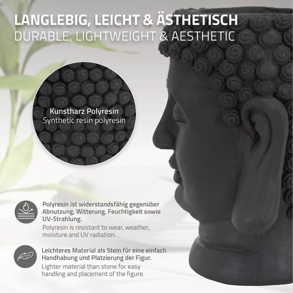 ML-Design Pflanztopf Buddha Figur Kopf 23x23x44 cm, Anthrazit, Harz, Innen- und Außenstatue, massiv, Groß Büste Skulptur, Pflanzgefäß Blumentopf Übertopf Gesicht Pflanzer Gartendeko Pflanzen Vase Urne
