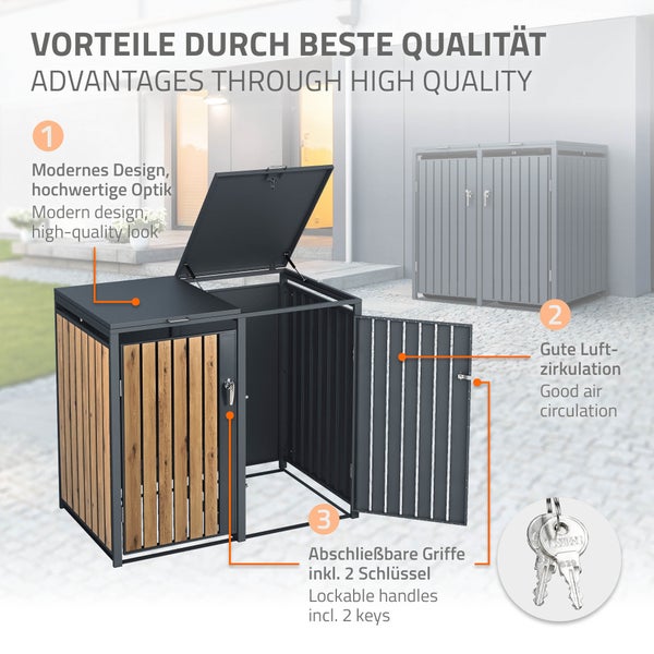 ML-Design Mülltonnenbox 4er 4 Tonnen 240L 264x80x116,3cm Anthrazit-Eichenoptik, Stahl, wetterfest/abschließbar Mülltonnenverkleidung Klappdeckel/4 Türen, Müllbox Mülltonnecontainer Mülltonnenabdeckung
