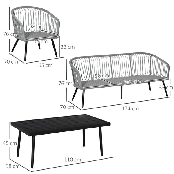 Outsunny 4-tlg. Gartenmöbel-Set, 174L x 70B x 76H cm, Aluminium, Polyester, PE Rattan, Schaumstoff, grau