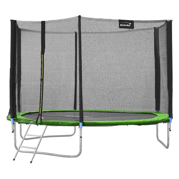 Hauki Trampolin Outdoor, Ø305 cm, Grün, GS geprüft, Rundes Gartentrampolin für Kinder bis 150 kg, Komplettset mit Sicherheitsnetz, Leiter, Randabdeckung, Gepolsterte Stangen, Stabile Kindertrampolin