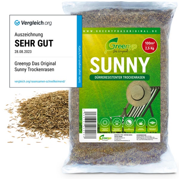 Greenyp Sunny I Dürreresistenter Trockenrasen I 2,5kg für 100m² I Grassamen Rasensamen Rasensaat Gras Nachsaat schnellkeimend