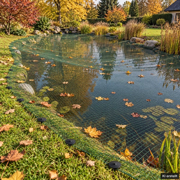 Ein über einen Gartenteich gespanntes Laubschutznetz, befestigt mit Erdspießen im Rasen, um herabfallendes Laub im Herbst aufzufangen.