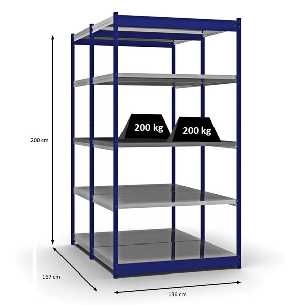 PROREGAL Fachbodenregal Stecksystem Vierkant-Profil Grundregal HxBxT 200 x 132,5 x 80 cm 2x5 Ebenen Doppelseitige Bauart Fachlast 200 kg Enzianblau