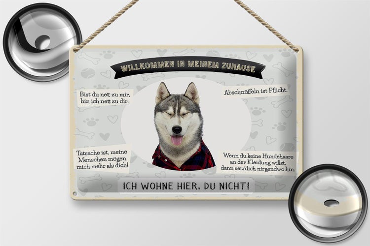 Blechschild Spruch 30x20cm Tiere Husky willkommen wohne hier