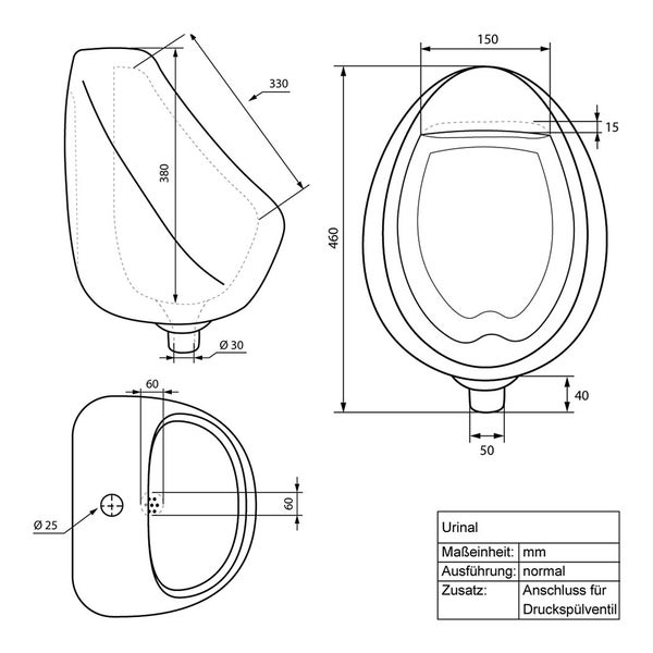 ECD Germany Urinal Zulauf von Oben Weiß, Hochwertige Keramik Pinkelbecken, Modernes Design Pissoir, 35 x 42 x 30 cm, Rund, Spülrand Geschlossen, Ablauf nach hinten, WC-Urinal Absaugeurinal Becken