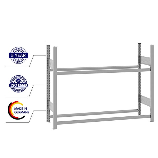 Weitspannregal aus Metall mit zwei Ebenen, 5 Jahre Garantie, ISO 9001 zertifiziert, hergestellt in Deutschland.