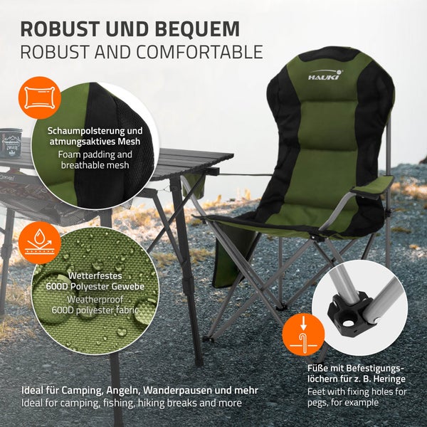 Hauki Campingstuhl faltbar, Khaki, Anglerstuhl mit Getränkehalter & Tragetasche, Gartenstuhl klappbar, bis 150kg, Übergroßer Klappstuhl mit Hochlehner, Gepolster Faltstuhl leicht, Angelstuhl tragbar