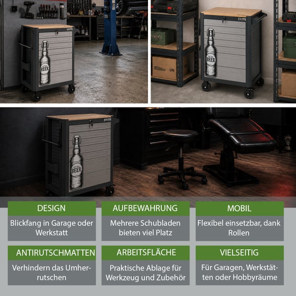 Werkstattwagen mit Bierflaschen Motiv, Holzoberfläche und mehreren Schubladen für die mobile Werkzeugaufbewahrung in Garage oder Hobbyraum.