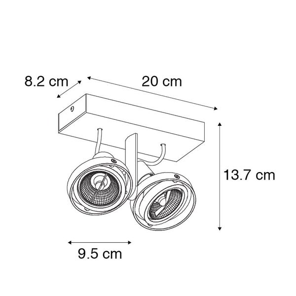 Technische Zeichnung einer Deckenleuchte mit zwei Strahlern und Maßangaben