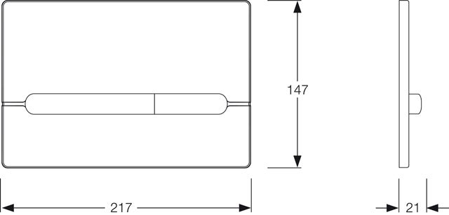 Maßzeichnung der Drückerplatte mit einer Breite von 217 Millimetern, einer Höhe von 147 Millimetern und einer Tiefe von 21 Millimetern.