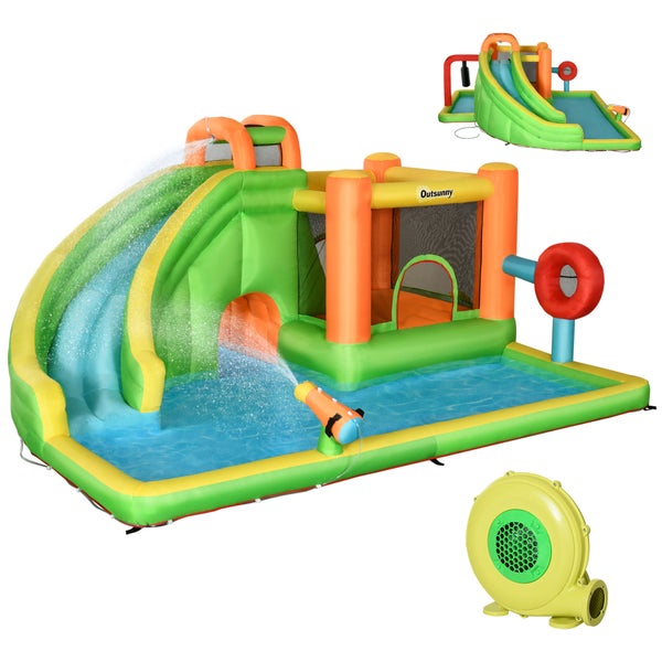 Outsunny Aufblasbare Hüpfburg, Spielburg, Sprungbereich mit Rutsche, Boxsack, Ballring, Tunnel, Wasserpistole, Wasserpark für Kinder 3 bis 8 Jahre, Outdoor 478 x 440 x 210cm