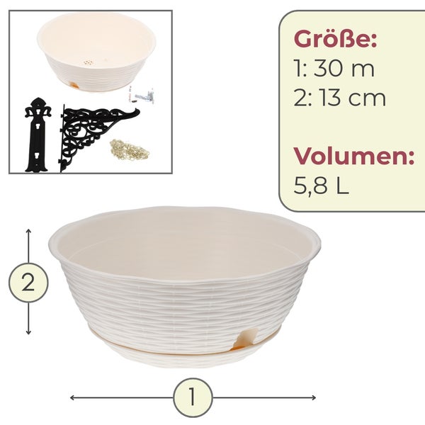 Blumenampel mit Halterung, 30 Zentimeter Durchmesser, 13 Zentimeter Höhe und 5,8 Liter Volumen