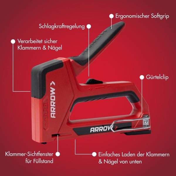 Arrow Handtacker mit Schlagkraftregelung, ergonomischem Softgrip, Gürtelclip, Sichtfenster und Unterlademagazin für Klammern und Nägel.