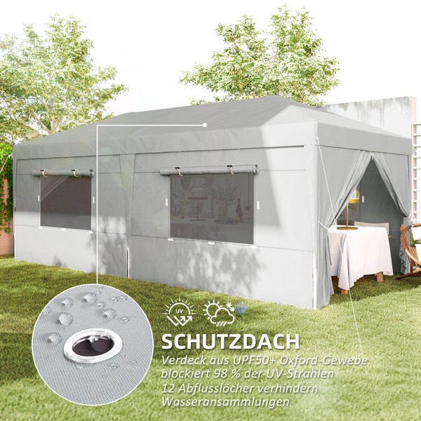 Outsunny Pavillon ca. 3x6m, wasserabweisend Stabil Winterfest Pop-up Faltpavillon, UV Schutz 50+, Faltbar Partyzelt Gartenzelt mit 6 Seitenteilen Tasche Gartenpavillon für Camping Garten, Hellgrau