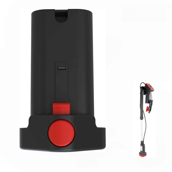 Ersatzakku für batteriebetriebene Pumpe, schwarzes Kunststoffgehäuse mit rotem Entriegelungsknopf.