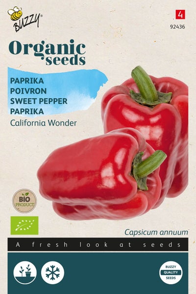 Buzzy Logo, Bio Produkt Siegel, Abbildung von Paprika 'California Wonder' Bio Samen