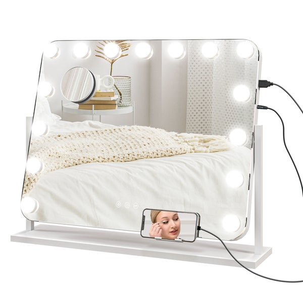 HOMCOM Hollywood Spiegel mit Beleuchtung 62,5x52 cm 360°Drehbar Schminkspiegel mit 15 LED Licht 3 Lichtfarben USB-Ladeanschluss Handyhalterung Touchschalter, Kosmetikspiegel 10X Vergrößerung Weiß