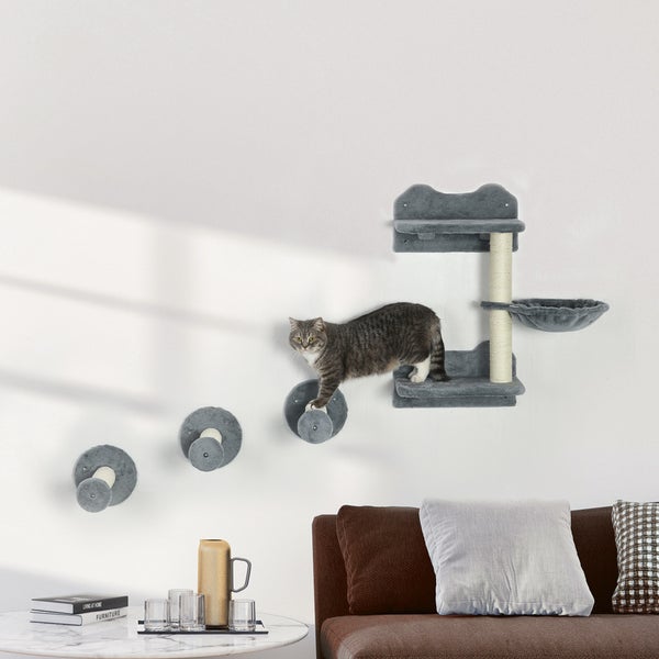 PawHut Katzen Kletterwand, 4-teilig, Katzenkletterwand, inkl. 1 x Sprungturm, 3 x Kratzbäume, Kletterwand Set, Kratzbaum mit Hängematte, Wandliege Katzen, Katzentreppe, Sisal, Grau+Beige