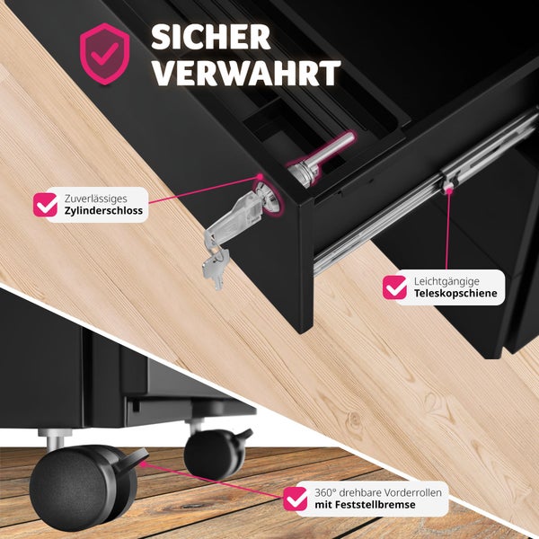 Aktenrollschrank tectake Magna 39 x 45 x 55 cm aus pulverbeschichtetem Stahl schwarz