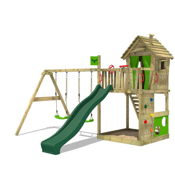 FATMOOSE Spielturm Klettergerüst HappyHome mit Schaukel und Rutsche, Spielhaus mit Sandkasten, Leiter und Spiel-Zubehör - grün