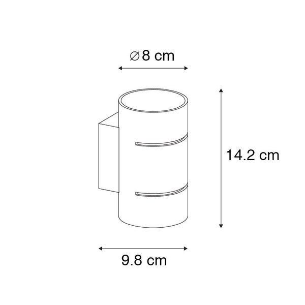 Technische Zeichnung einer Wandleuchte mit den Maßen 8 cm Durchmesser, 14,2 cm Höhe und 9,8 cm Breite