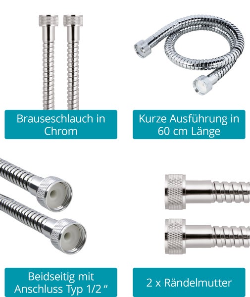 Calmwaters® Brauseschlauch in chrom, 60 cm Länge mit Knickschutz, mit Standard-Anschluss in 1/2, aus Metall, Duschschlauch 0,6 m, 23AG6203