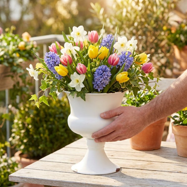 Frühlingsblumenstrauß mit Tulpen, Hyazinthen und Narzissen in einer weißen Blumenvase auf einem Holztisch.