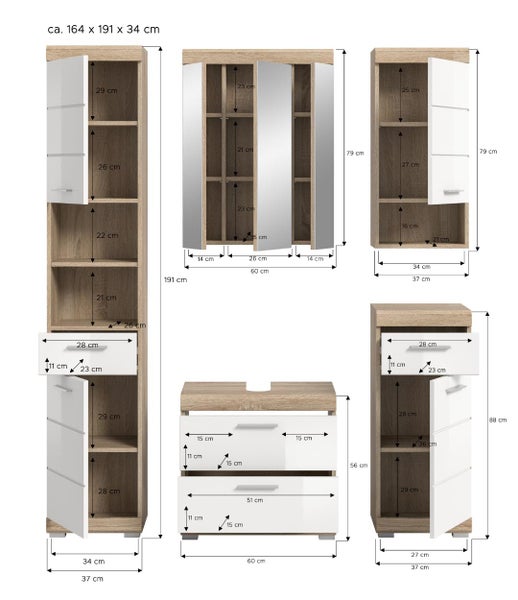 Badezimmermöbel-Set in Eichenoptik und Weiß mit Maßen in Zentimetern. Enthält Hochschrank, Spiegelschrank, Unterschrank und Beistellschränke. Maße circa 164 mal 191 mal 34 Zentimeter.