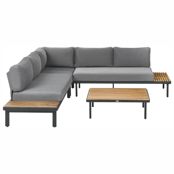 L-förmiges Lounge-Sofa mit Beistelltisch, Metallrahmen, Holzlamellen und Polsterkissen für den Außenbereich.