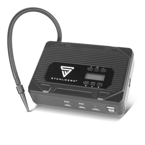 Starthilfe- und Luftkompressor Gerät mit digitaler Anzeige und Schlauch