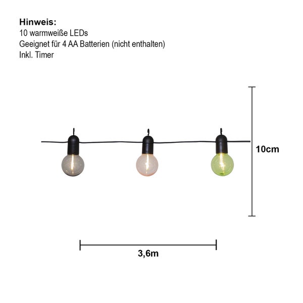 Lichterkette mit zehn warmweißen LEDs, 3,6 Meter Länge, Leuchtmittel circa 10 Zentimeter