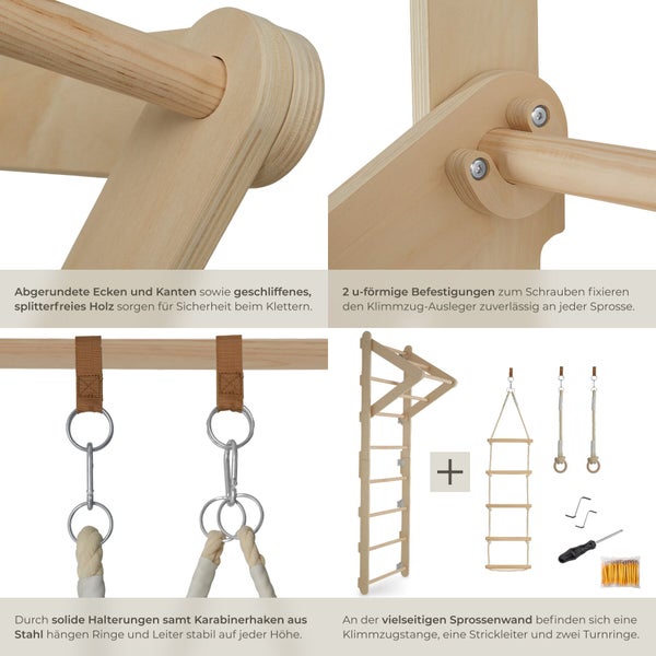 Details zur Sprossenwand aus Holz mit Klimmzugstange, Strickleiter und Turnringen für das Kinderzimmer.