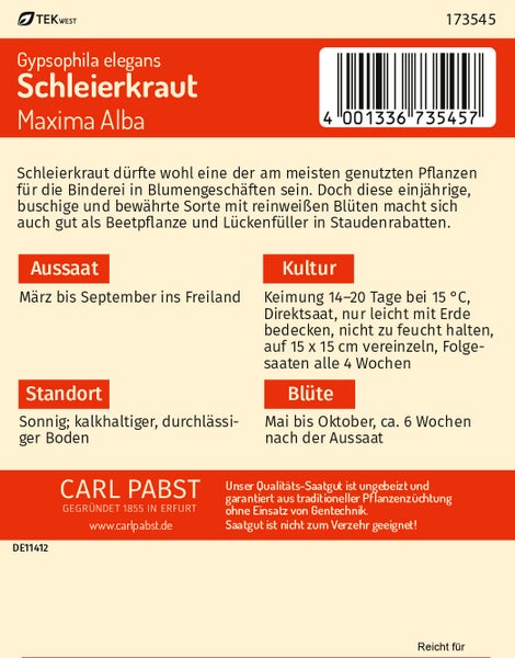 Rückseite der Samentüte Schleierkraut Maxima Alba mit Informationen zu Aussaat, Kultur, Standort und Blüte. Carl Pabst Logo und TEKWEST Logo.