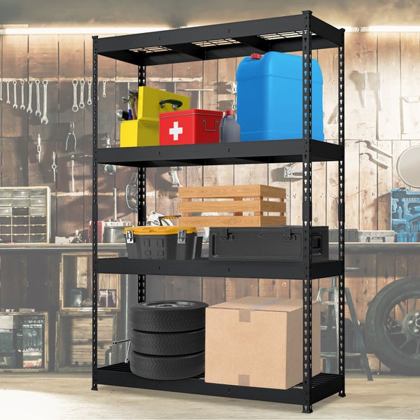 Schwarzes Metallregal mit Werkzeugkisten, Reifen, Kiste und Kanister