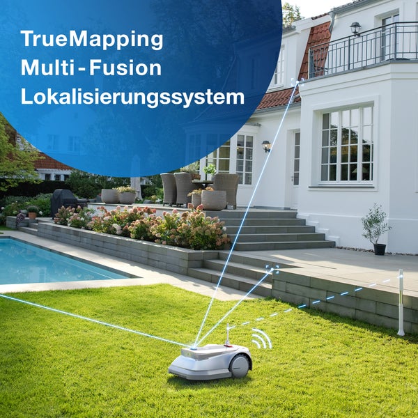 Rasenmähroboter mit TrueMapping Multi-Fusion Lokalisierungssystem im Einsatz in einem Garten mit Pool und Wohnhaus